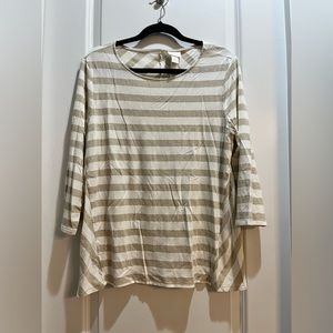 CHICO'S Round Neck 3/4 Sleeves Sparkly Beige/white Striped Tee Sz 2 Length 27”